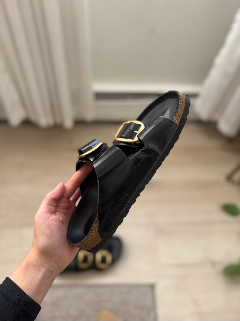 Birkenstock Black Double-Buckle Slide Sandals with Gold Hardware - Picture 3 of 4